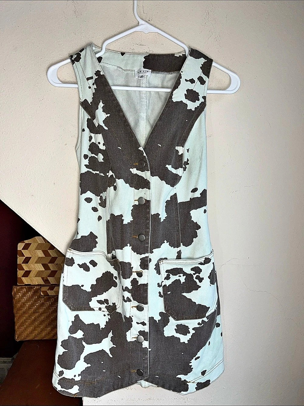 LE LIS Texas Cow Print Mini Dress Mint Blue & Brown Small